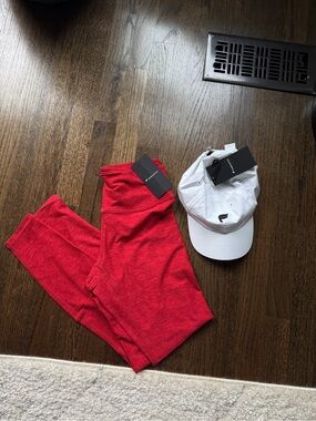 Fabletics Red Leggings and White Hat Set